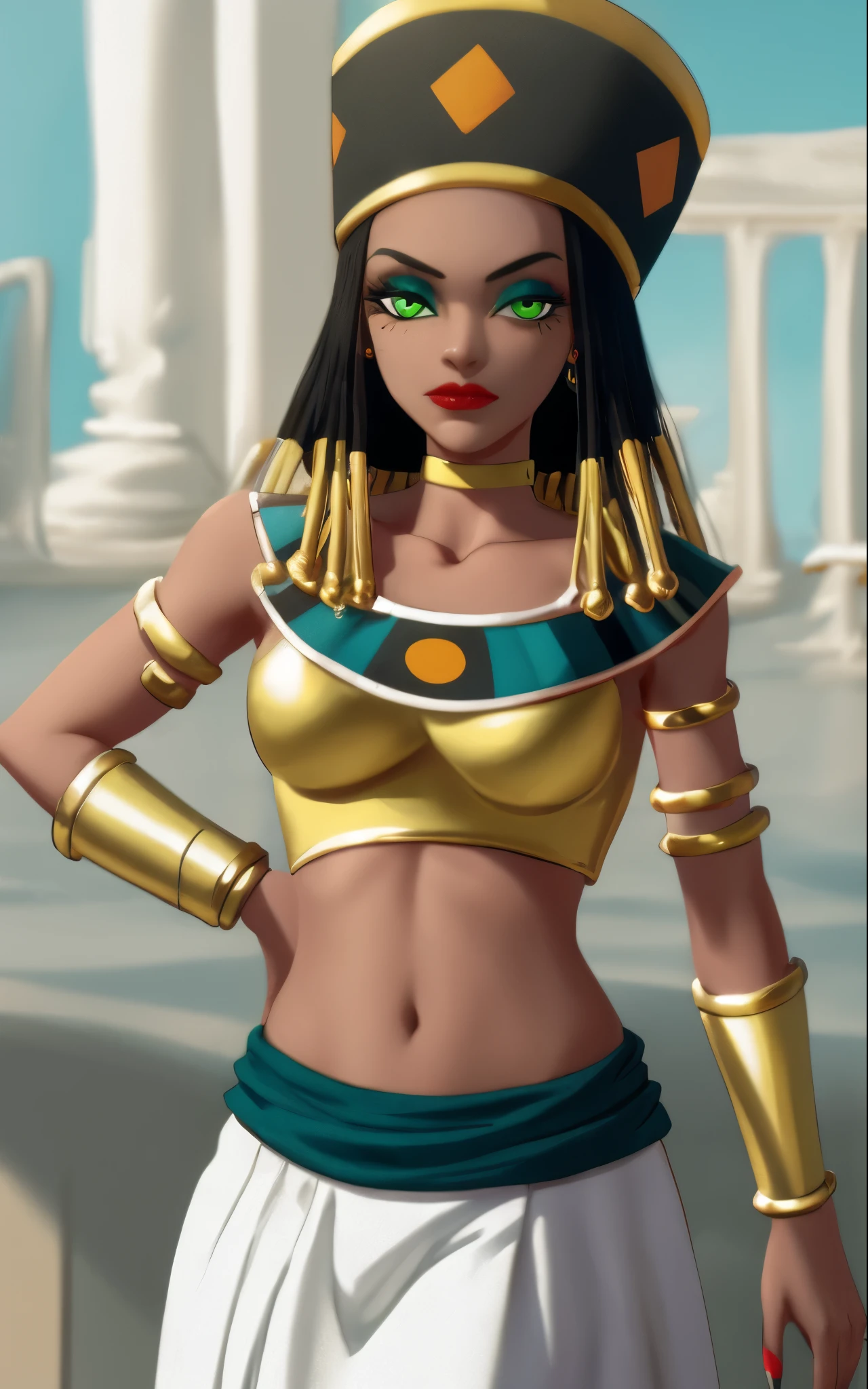 masterpiece, highres,
Dress_DragonBallSuper_Heles_ownwaifu,  
1girl, hat, eyeshadow, green eyes, long hair, dreadlocks, dark skin, black hair, dark-skinned female, makeup, lipstick, navel, mole under eye, breasts, medium breasts,  collarbone, groin, jewelry, bracelet, nail polish,  armlet, red lips, no pupils, neck ring, yellow choker, colored skin,
midriff,  bracer, choker, crop top, white skirt, long skirt, white pants, 
original, bokeh, depth_of_field, scenery, spotlight, focused, looking at viewer, solo, cowboy shot, best quality, absurdres,