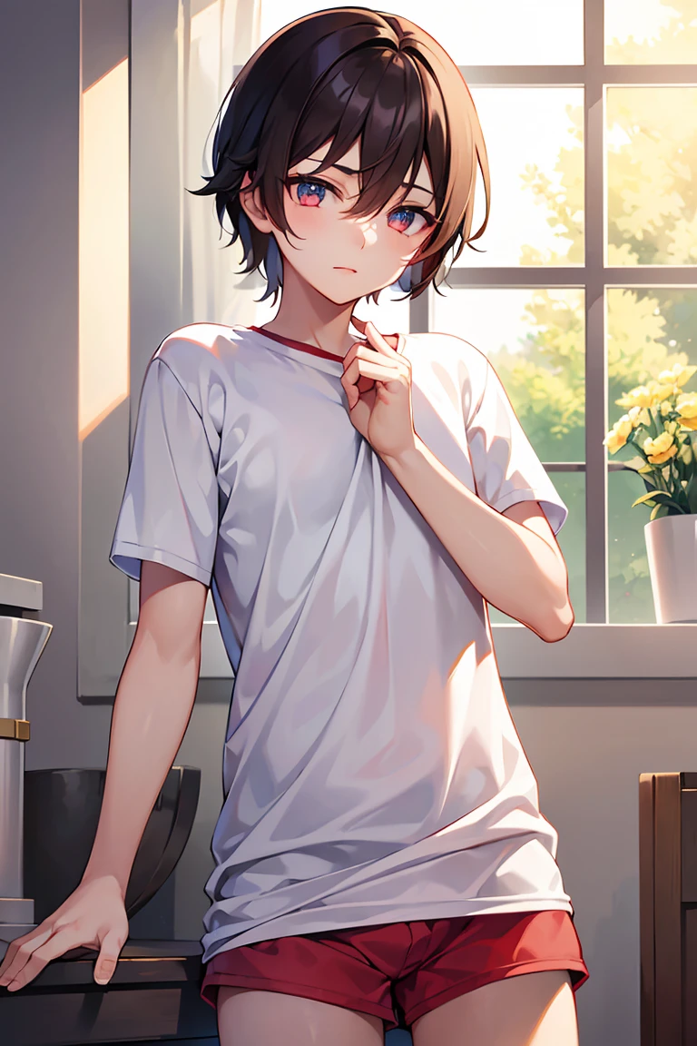boy, slim, Cute, bright eyes, Short blond hair, in your bedroom, looks at the viewer, shy, brief, naked male