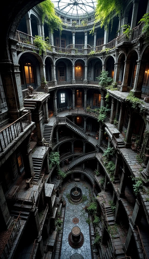 indoor mc escher stairs labyrinth. a lot of stairs are built in an impossible manner. it is an old ruins buried underground, with plants start to envelop the architecture. top down perspective view, seeing a wide angle of the location. the environment is dark with little light.