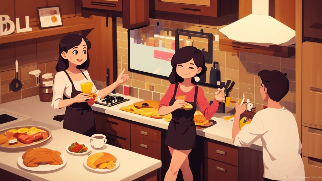 a woman stay in kitchen and cooking, 2d illustration