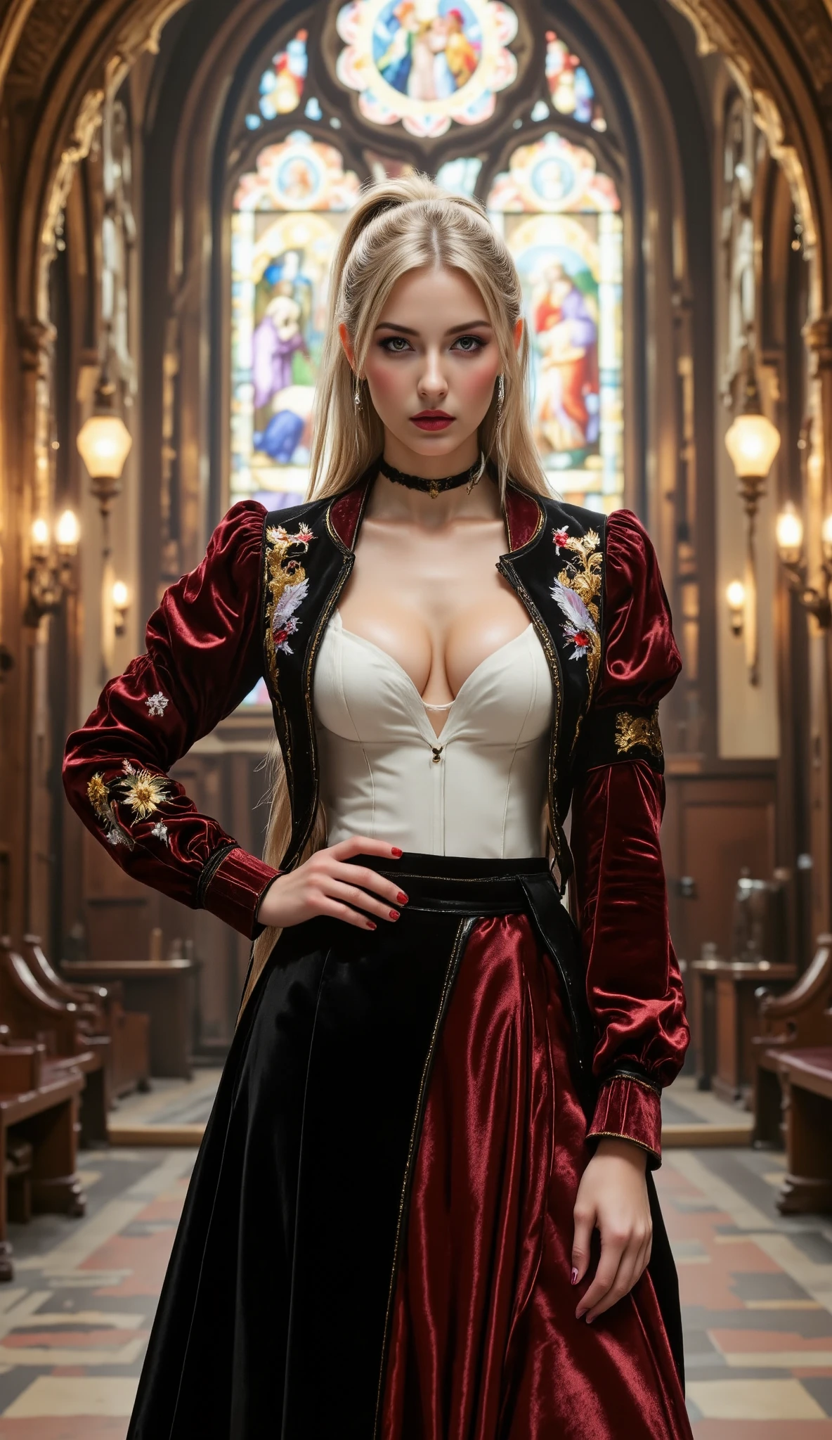 light particles, soft lighting, volumetric lighting, intricate details, finely detailed,1 sexy Japanese lady, solo, 25 years old, slim and healthy body, full body shot, (nudity:0.5), (beautiful and huge bouncing firm ample breasts, deep cleavage:1.5) and a huge waist, blonde hair, long hair, high ponytail, red eyes, long eyelashes, thick eyelashes, looking at viewer, (dark red velvet fabric jacket, white shirt, black skirt:1.2), jacket with a snow and golden phoenix embroidery, Long skirt of deep red velvet fabric, puffy sleeves, Juliet sleeves, (long sleeves:1.2), gorgeous stained glass with a story of Christ's birth embroidery, , (walking down the large, luxuriously decorated European style cathedral:1.3)、,, (side view:1.3),