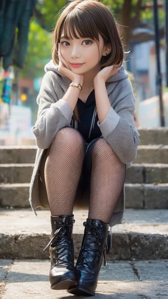 ( micro pull zip hoodie for sitting on stone steps in a park at night、 micro pencil skirt 、 fishnet tights、 stiletto boots)、(One 21-year-old girl 、 bob hair、Medium breast、 slender body 、 long legs 、Earrings)、(Sitting on a stone staircase in a park at night、Focus on legs、 streetlight、Bokeh)、 greatest masterpiece:1.3、Raw photo quality、 best quality、 super detailed depiction ability:1.3、 detailed background、((From the side、From below))、