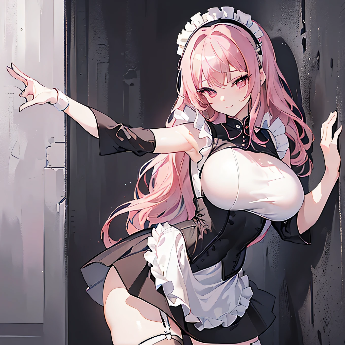 nsfw, 1 girl, game CG, thigh-high white apron only over naked, gigantic breasts, pink hair, long hair, straight hair, princess hairstyle, ahoge, pink eyes, kitchen, 1boy, vaginal sex , (vaginal ejaculation: 1.5), standing, back, happy,