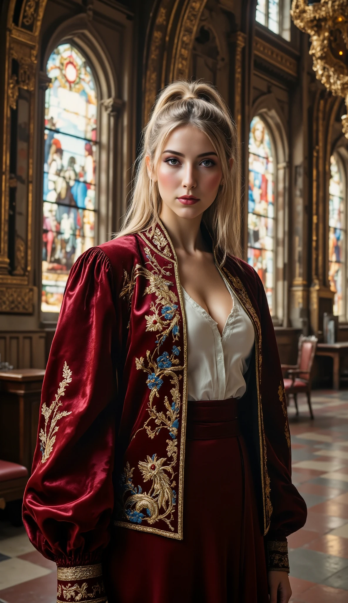 light particles, soft lighting, volumetric lighting, intricate details, finely detailed,1 sexy Japanese lady, solo, 25 years old, slim and healthy body, full body shot, (nudity:0.5), (beautiful and huge bouncing firm ample breasts, deep cleavage:1.5) and a huge waist, blonde hair, long hair, high ponytail, red eyes, long eyelashes, thick eyelashes, looking at viewer, (dark red velvet fabric jacket, white shirt, black skirt:1.2), jacket with a snow and golden phoenix embroidery, Long skirt of deep red velvet fabric, puffy sleeves, Juliet sleeves, (long sleeves:1.2), gorgeous stained glass with a story of Christ's birth embroidery, , (walking down the large, luxuriously decorated European style cathedral:1.3)、,, (side view:1.3),
