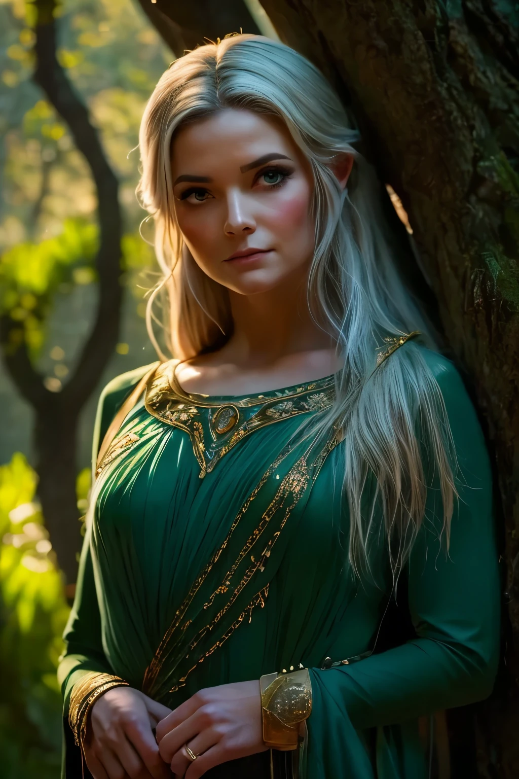 ((close-up face)). Galadriel, a radiant elven queen, standing gracefully in a magical elven forest bathed in soft, ethereal light. She is wearing a flowing green dress adorned with intricate golden embroidery, reminiscent of delicate vines and leaves, perfectly complementing the lush surroundings. Her long, silvery hair cascades over her shoulders, glowing softly in the dappled sunlight filtering through ancient, towering trees. The forest is alive with magical energy, featuring bioluminescent flowers, sparkling streams, and faint, glowing particles floating in the air. Her expression is serene and wise, her piercing eyes reflecting the timeless beauty and wisdom of the elves. The scene is infused with an otherworldly atmosphere, with fine details in the textures of her dress, the bark of the trees, and the vibrant flora. Photorealistic rendering, ultra-high-definition, with dramatic, yet soft lighting highlighting her elegance and the magical ambiance of the forest.