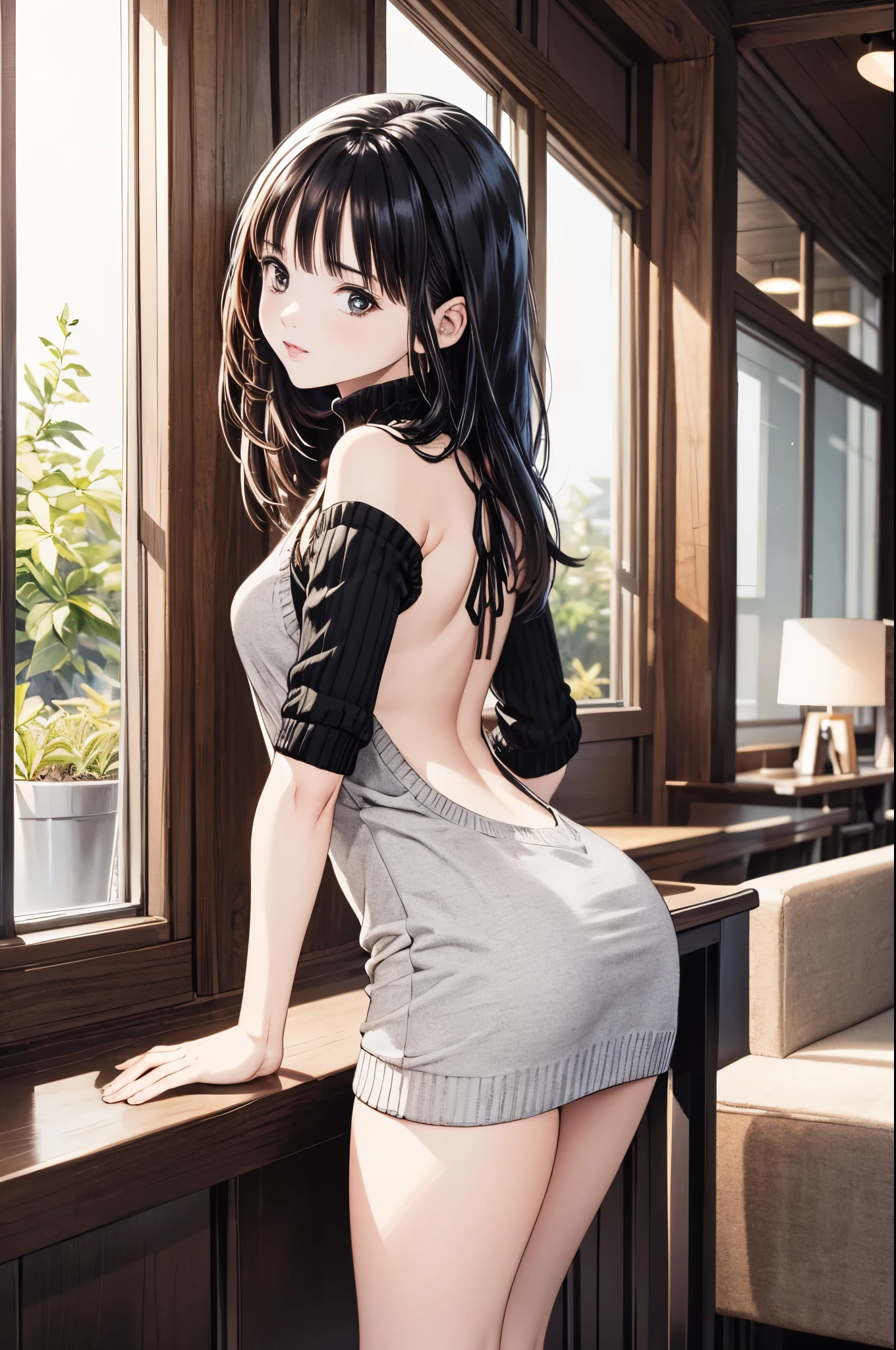 best quality, masterpiece, (独奏:1.2), (1 Female:1.2)、Age 25、Larger breasts、(Slender figure)、(from side)、(The humid heat makes me lazy:1.2)、Sheer white cut-and-sew top、(Thighs)、(side)、(White highlight in pupil:1.2)、Dark blue eyes、(Black-haired:1.2)、(Long Hair)、(View your viewers:1.2)、White skin、(blush)、(Embarrassed expression)、(I blur the background a lot to make the woman stand out.:1.3)、(Half backlight)、Beautiful flowers in the background、Wooden study