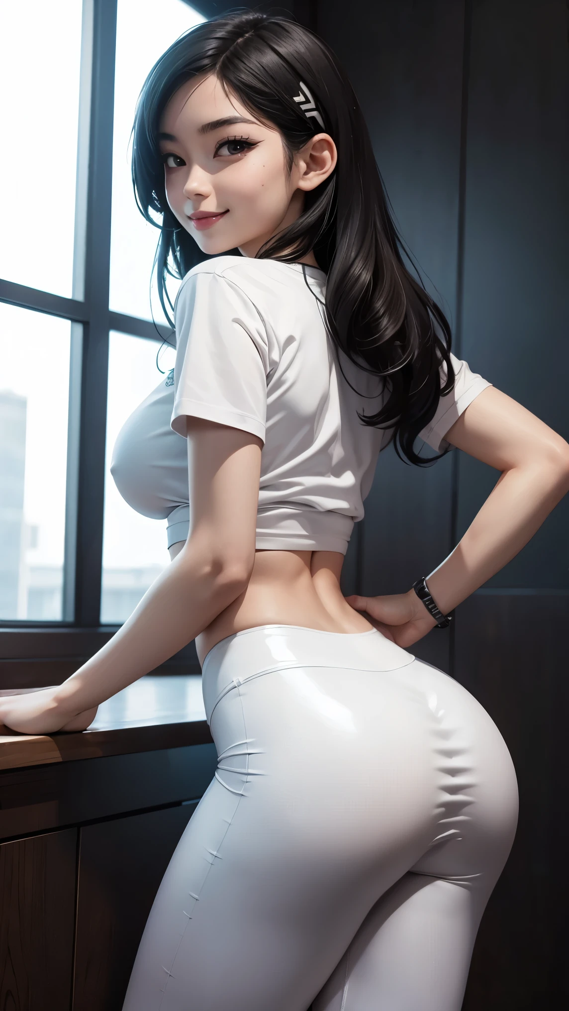 Rio Tsukatsuki, Underboob t-shirt, latex leggings, perfect ass, perfect breast, perfect body, slim, sexy, beautiful, cute, smile, 8k