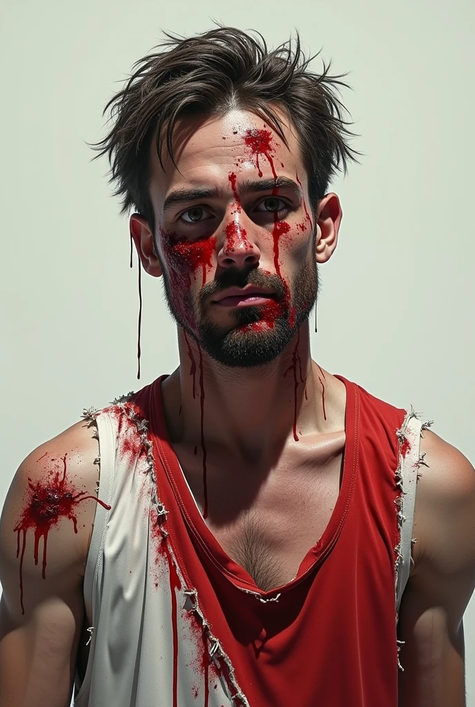 Boy with a knife and blood and marks on his arms