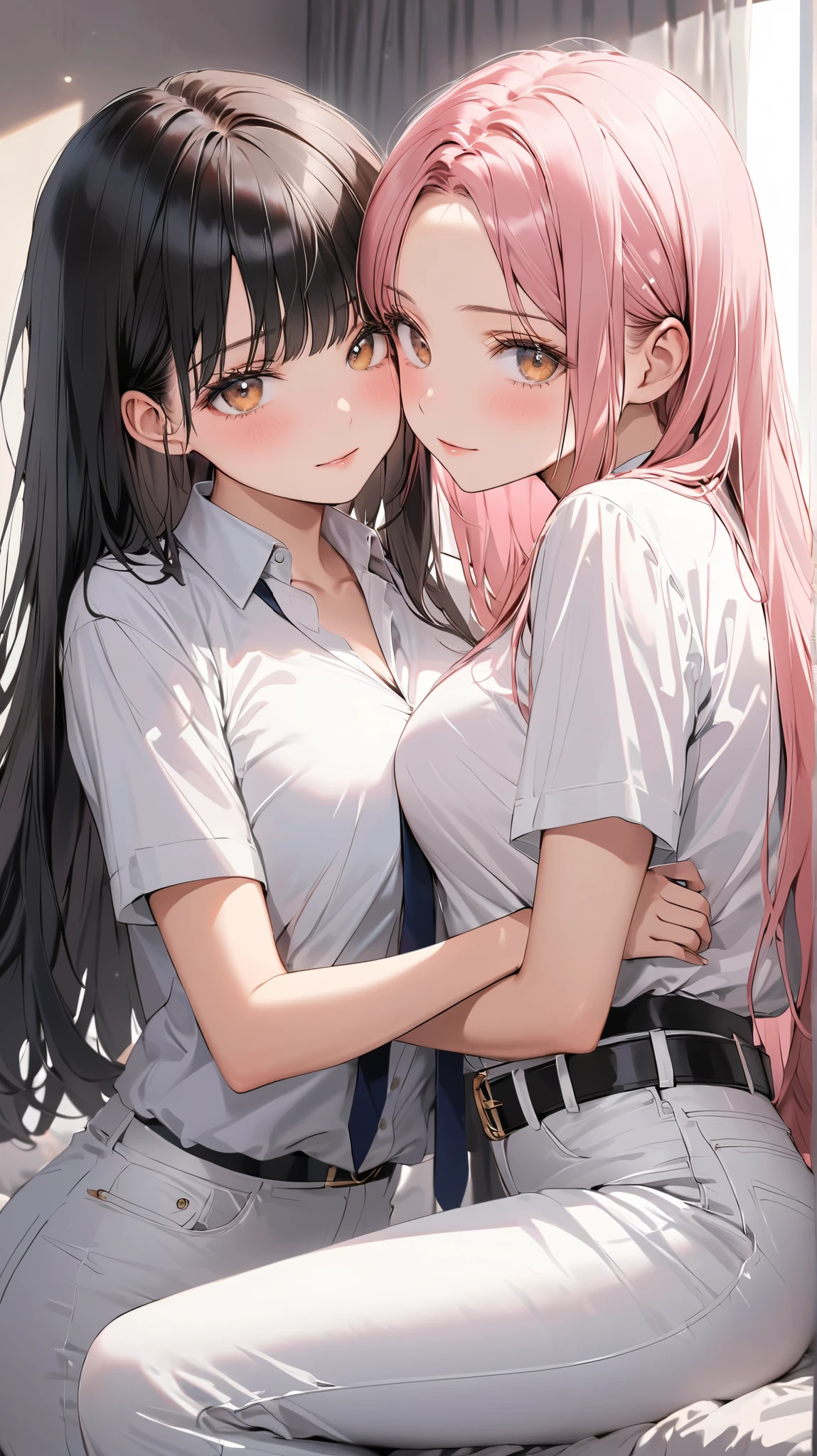 Prompt: semi realistic, Masterpiece, Master work, perfect, 4K, , high res, ultrasharp, 8K, best quality, expressive eyes, perfect face , masterpiece,best quality,amazing quality,very aesthetic,absurdres, 2women, kissing, love each other, hugging each other, happy, heart bubbles, inside bedroom, BREAK, first woman: mature body, shiny golden eyes, appreciable big breast size, fine make up, serious expression face,flat bangs hair style, straight hair style, long straight hair, pink colored hair, detailed hair, wearing white loose shirt, wearing short denim pants, wearing leather belt, wearing tight strap on thigh, puff out chest
, BREAK second woman: slim body, medium size breast, fine make up, straight half body long hair, middle parted hair style, large forehead, black colored hair, golden eyes, serious expression face, blushing cheeks, wearing white buttoned shirt, dark blue tie,wearing black short pencil skirt, puff out chest