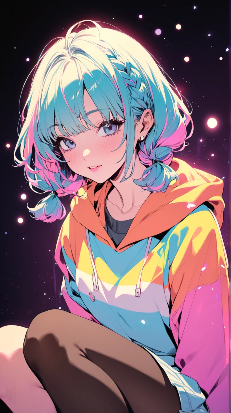 ( best quality:1.2,  Very detailed, Latest,  vibrant ,  High Contrast , masterpiece:1.2,  best quality,  best aesthetics),  girl, (( Frontal knee to top composition :1.4)),  colorful hair,Short bob ponytail with braids ,  pastel colors ,  1980s Style , ((Retro,  vintage, plain background )) ,  best quality, masterpiece ハイディフィニション masterpiece、  idol group  、 Short Haired Bob Hairbraid Bang Hair、cute  girl、  Casual Hoodie Outfit  、 miniskirt、 thin black pantyhose  、 、 Fireworks festival background、Flowerpunk、 Glowing light particles 、  brilliant gradient effect