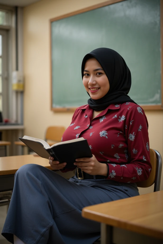  a beautiful young Indonesian woman  ((big boobs 2 .3)) sit on a chair. read a book )). ((Wearing Islamic hijab covering the neck color white )) ((shirt pocket on the left breast )). (( buttoned shirt Indonesian high school uniform floral stripe pattern red color)).  Skirt up to calf color blue to ash)) (( wears black school belt )). ((feet wearing black shoes.)) socks white to calf )). ((  inside a school classroom  )).  Large and wide whiteboard background hanging on the classroom wall. Full body smiling . (( Rough colored Cctv footage . Warm light .  Low light.))