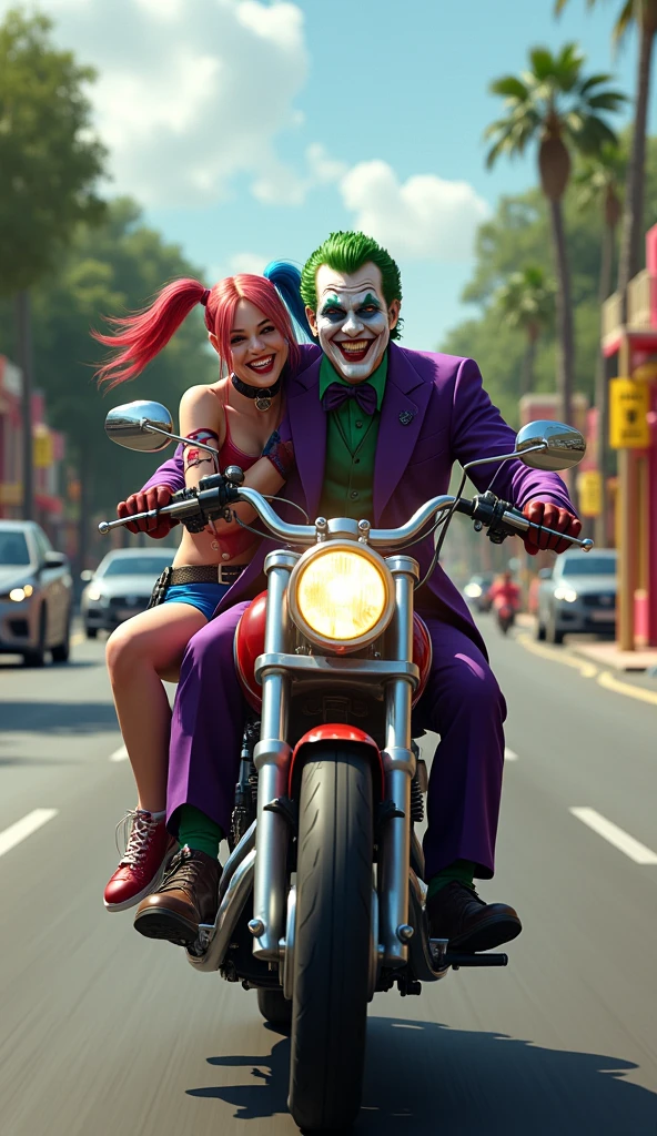 Le djocker sur une moto a l'ancienne avec Harley Quinn derrière lui 