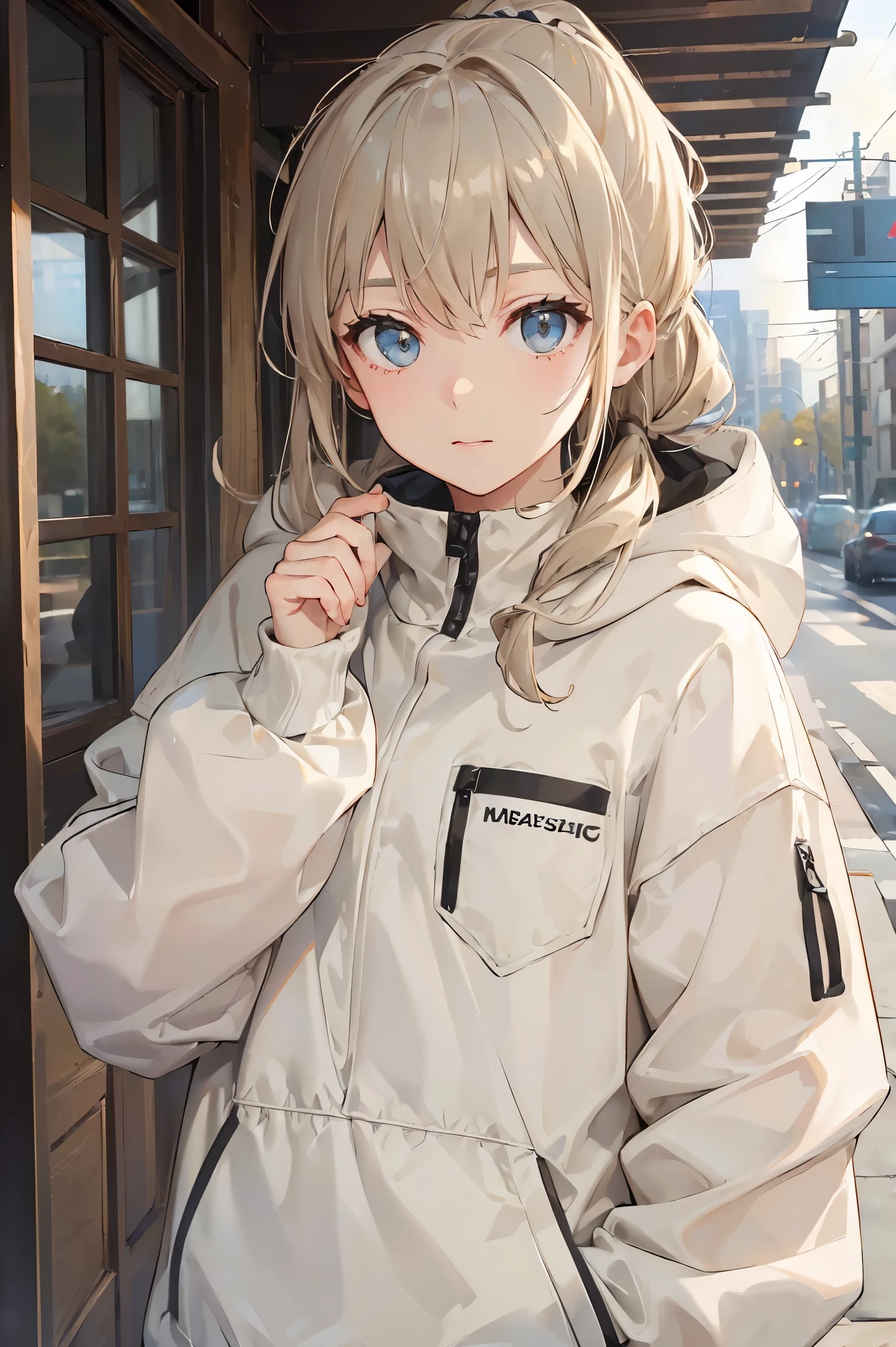 (((Best quality, 8k, Masterpiece: 1.3)), ((best quality)), ((masterpiece)), (detailed), perfect face, perfect body, (detailed skin:1.3), (intricate details), streaked hair, braided ponytail, Light khaki mountain parka, outerwear, women's, fleece, hood, outdoor