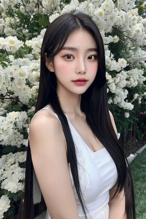 girl name,   Korean model female,  long straight hair ,  looking at a viewer . (( Top Quality)), ((masterpiece)), ( Detailed ),   Perfect Face , reply, Twintail hair,  Instagram, sleeveless dress, Flower Background 