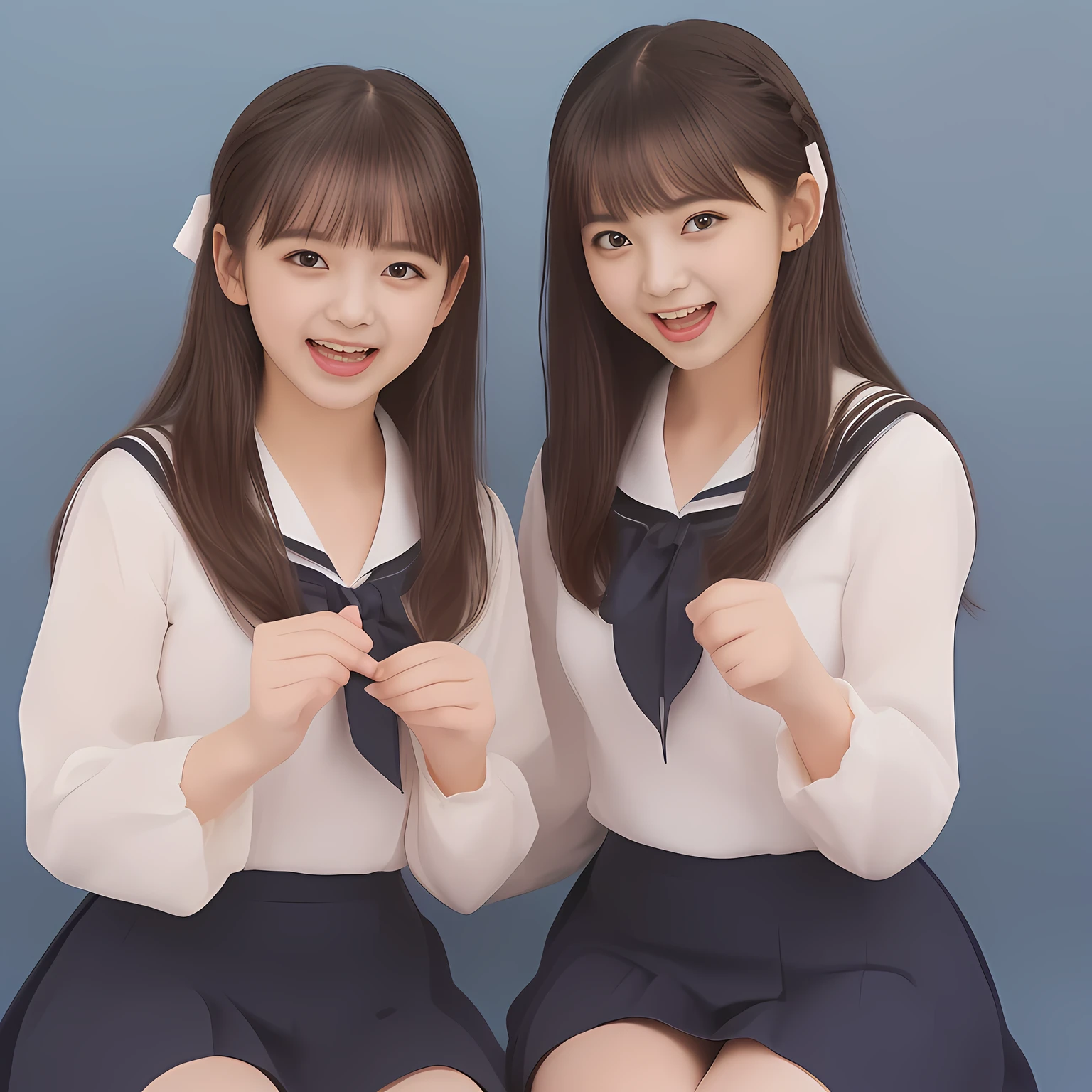 (Highest quality, masterpiece:1.2), Highest quality, High resolution, 1080P, 8k, (Two 14yo Japanese beautiful girl idols are seated and give strong subliminal sexual invitation and temptation, undressing navy uniform, cute skirt with beautiful knees, looking at the viewer, can't stop showing cute smile open mouth because of feeling the viewer too ridiculous, very white-white face, very proud of her long straight black hair, using face-whitening cosmetics, 14yo girl's eyes, opened laughing giggling most open mouth, too expensive navy sailor-styled school uniform, well-straitened super-long well-trimmed long hair, evenly neatly trimmed girly cute bangs: 1.5), (Laughing blushed cheeks with dimples), (Well-balanced, impressive, very intelligent, double-eyelids, black shining large eyes of 14yo young idol with detailed: 1.5), ((Beautiful well-figured glossy opened laughing lips: 1.2)), (mature breast), (The viewer can't stop madly kissing them because of her beauty and subliminal strong invitation), (Very beautiful, super-glossy, cute neat black amazingly long hair, straight well-done long hair-style: 1.3), (plain blue background: 1.6), (((Completely balanced beautiful big cool eyes, looking coldly at me!: 1.3))), (eyes, face and hair are especially beautifully detailed and beautifully drawn: 1.5), (The soft white light clearly shows her face extremely white: 1.2), (the viewer become crazy and can't stop bursting and running every liquid to her body: 1.7), (School uniform, too-cute slender 14yo super-long-hair Japanese beautiful-young-girl idol twins are laughing at me and covering viewer, super-widely open laughing mouth, everything is girly, neat and too beautiful: 1.6), (Super long hair super-beautiful 美少女 13yo super-cute-face navy-sailor-suit school-uniform pretty slender young idol of lolita idol photo magazine in 1990: 2.0), (Inevitable subliminal invitation and temptation to the eternal deep deep unreal pleasure of girl's voice of laughter and ridicule: 2.0)