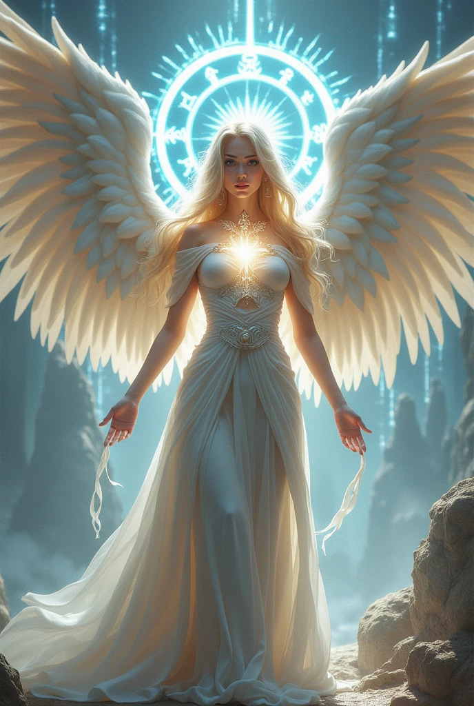 1 beautiful woman, pale white skin, very long shiny golden hair, bright blue eyes, perfect body, earrings, choker, an angel halo on her head (golden), large angel wings spread, dressed in a translucent cloak, gives off a aura of light, Lots of celestial illumination, she is an angel, sexy pose.