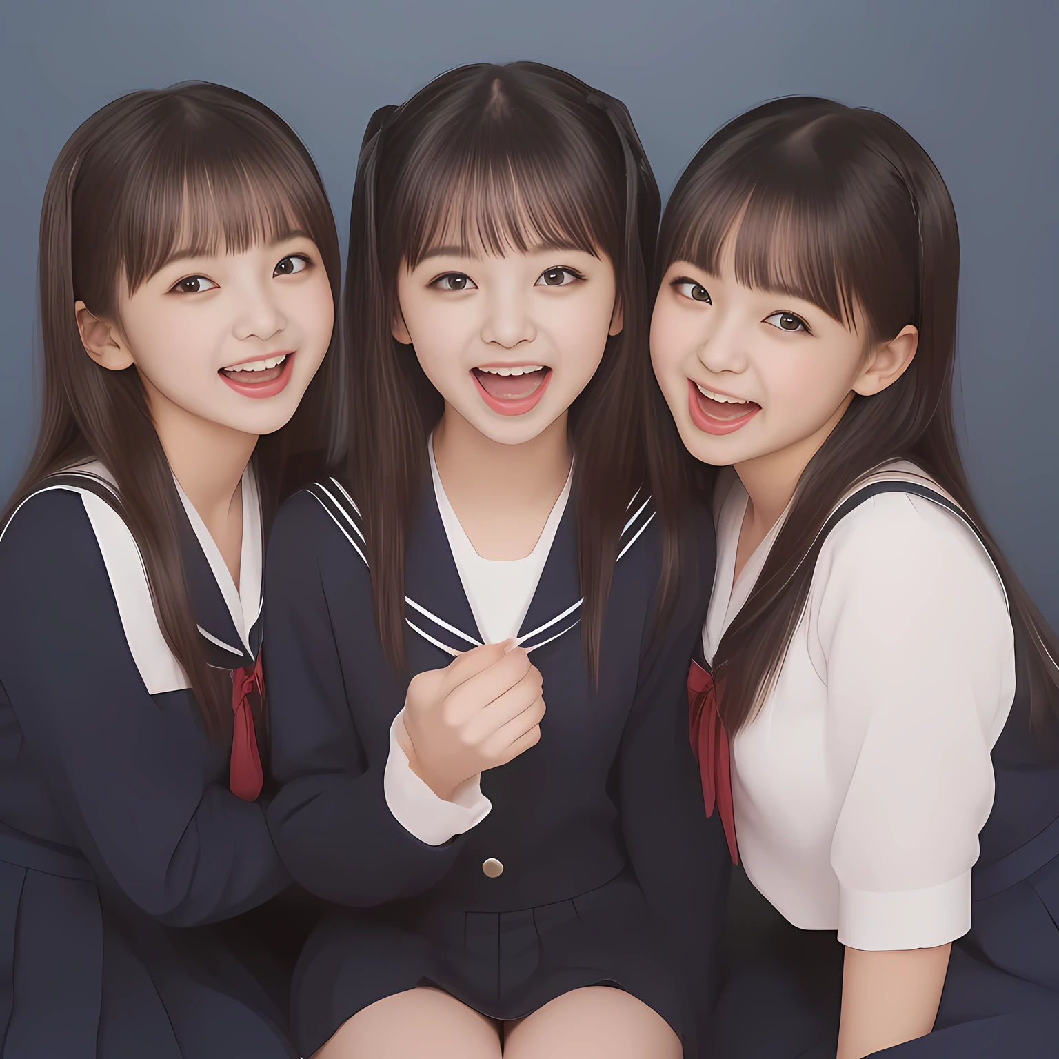 (Highest quality, masterpiece:1.2), Highest quality, High resolution, 1080P, 8k, (Two **** Japanese beautiful girl idols are seated and give strong subliminal sexual invitation and temptation, undressing navy uniform, cute skirt with beautiful knees, looking at the viewer, can't stop showing cute smile open mouth because of feeling the viewer too ridiculous, very white-white face, very proud of her long straight black hair, using face-whitening cosmetics, **** girl's eyes, opened laughing giggling most open mouth, too expensive navy sailor-styled school uniform, well-straitened super-long well-trimmed long hair, evenly neatly trimmed girly cute bangs: 1.5), (Laughing blushed cheeks with dimples), (Well-balanced, impressive, very intelligent, double-eyelids, black shining large eyes of **** young idol with detailed: 1.5), ((Beautiful well-figured glossy opened laughing lips: 1.2)), (mature breast), (The viewer can't stop madly kissing them because of her beauty and subliminal strong invitation), (Very beautiful, super-glossy, cute neat black amazingly long hair, straight well-done long hair-style: 1.3), (plain blue background: 1.6), (((Completely balanced beautiful big cool eyes, looking coldly at me!: 1.3))), (eyes, face and hair are especially beautifully detailed and beautifully drawn: 1.5), (The soft white light clearly shows her face extremely white: 1.2), (the viewer become crazy and can't stop bursting and running every liquid to her body: 1.7), (School uniform, too-cute slender **** super-long-hair Japanese beautiful-young-girl idol twins are laughing at me and covering viewer, super-widely open laughing mouth, everything is girly, neat and too beautiful: 1.6), (Super long hair super-beautiful 美少女 **** super-cute-face navy-sailor-suit school-uniform pretty slender young idol of ****ta idol photo magazine in 1990: 2.0), (Inevitable subliminal invitation and temptation to the eternal deep deep unreal pleasure of girl's voice of laughter and ridicule: 2.0)