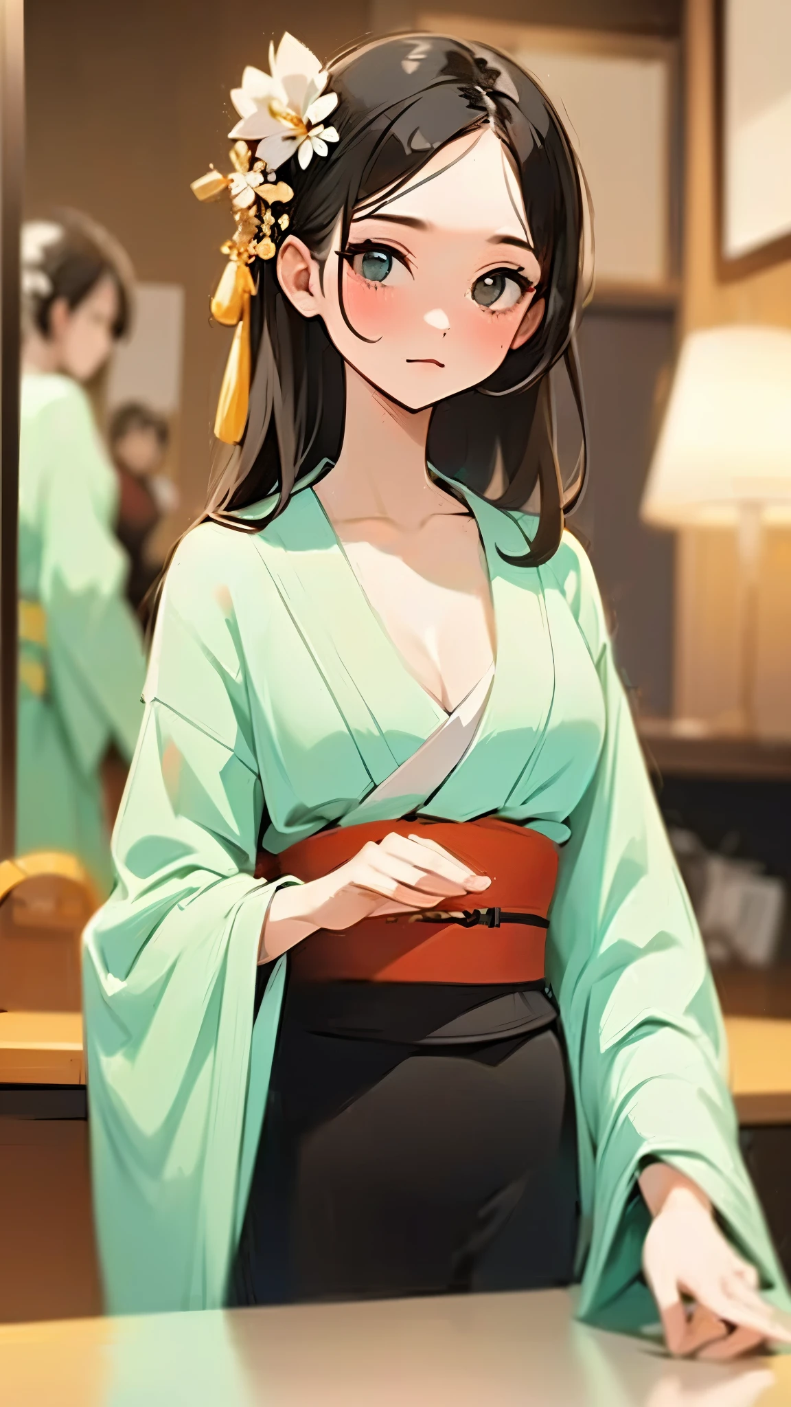 Tabletop, Highest quality, Very delicate and beautiful girl, Very delicate and beautiful, World Masterpiece Theatre, Very detailed, Very detailed, Highest quality, Very beautiful silky black hair,kimono, Japanese Clothing, calm color kimono, natural color kimono, High resolution, Very detailed,1 Girl, Highest quality, shape, Looking at the audience, Material, canvas, Oil, Genuineistic, Realist, Genuine, Great background, Otherworldly background, rating_explicit, (cleavage seductive:1.1)