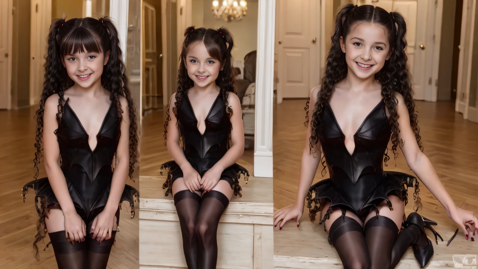 ten yearold petite, nude, gothic, long curly hair, black hair, pigtail, pussy, stunning, awful, attractive, smiling,make up, pantyhose, platform high heels,
