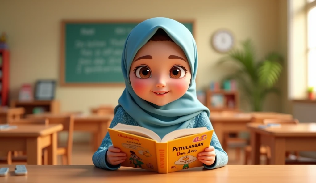 Realistik Karikature 3d , A women wearing hijab, in black graduation hat, pastel blue graduation gown, fairy theme background 
