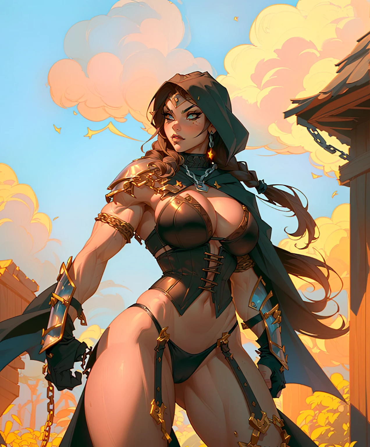 A scantily clad female warrior, standing in a fighting stance, tackles Conan. With her wild hair cascading over her shoulders and her torn robes revealing her torso, there is an atmosphere of tension and readiness for battle