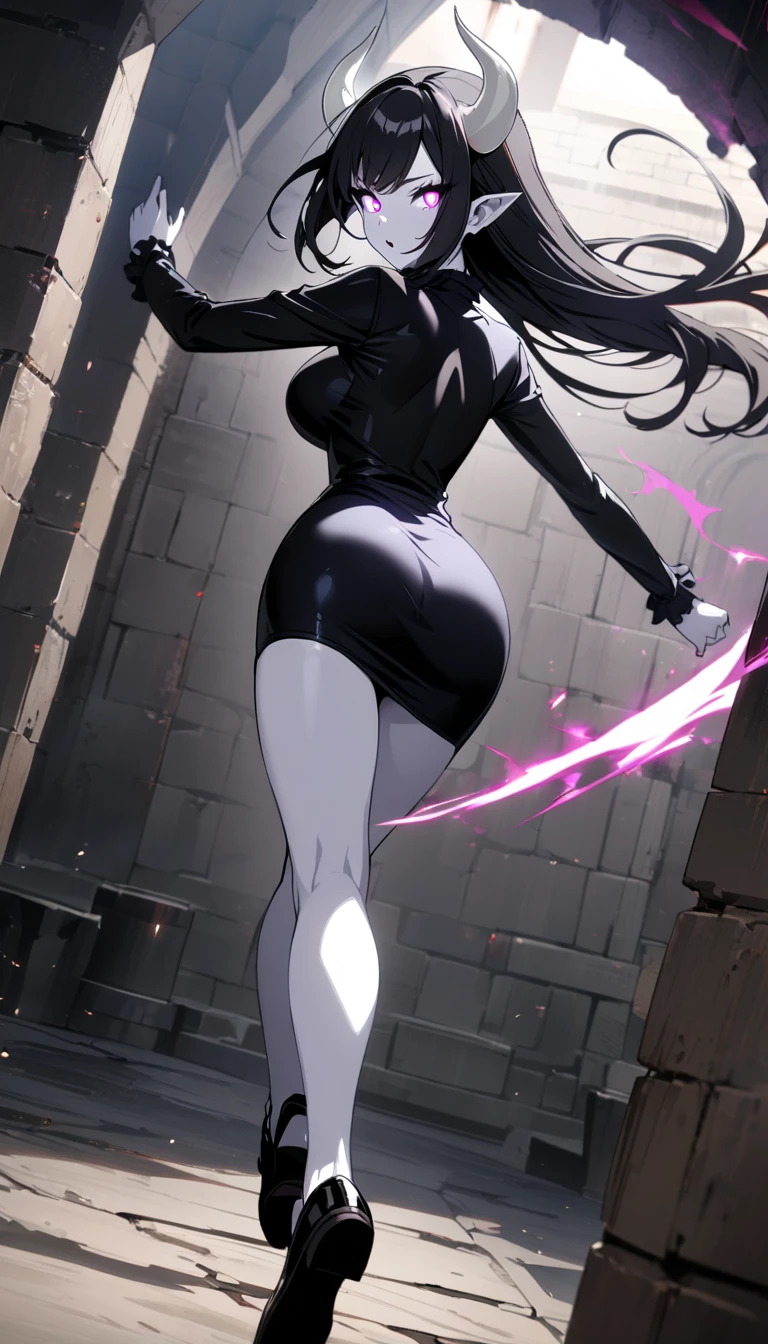 Highest quality Highest quality Draw a face carefully High-definition anime-style face Super Glowing Skin Long black hair Black leotard Purple pantyhose Succubus lure smile Back view Rear view