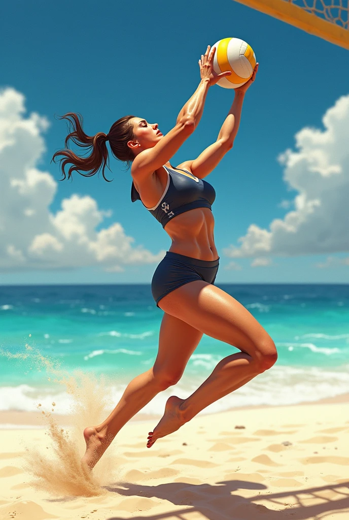 ((a cave drawing: 1.3)) of a cave woman playing volleyball at the beach at the stone age, an extraordinary beautiful cave woman wearing animal fur playing volleyball at the beach, there is ((mammoth: 1.2)) watching her play, stone age volley ball beach background, its sunny day, sun rays, Ultra-high resolution, High Contrast, (masterpiece:1.5), highest quality, Best aesthetics), best details, best quality, highres, 16k, [ultra detailed], masterpiece, best quality, (extremely detailed)