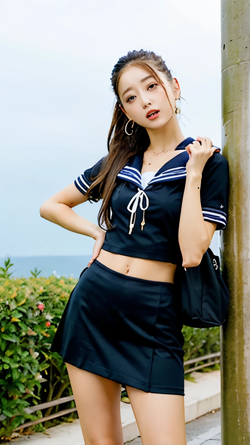 ((best quality)), ((masterpiece)), (detailed), perfect face, woman riding a sailboat, wearing a sailor uniform, Striped skirt in white and navy blue, straight legs, sunset, sunset,