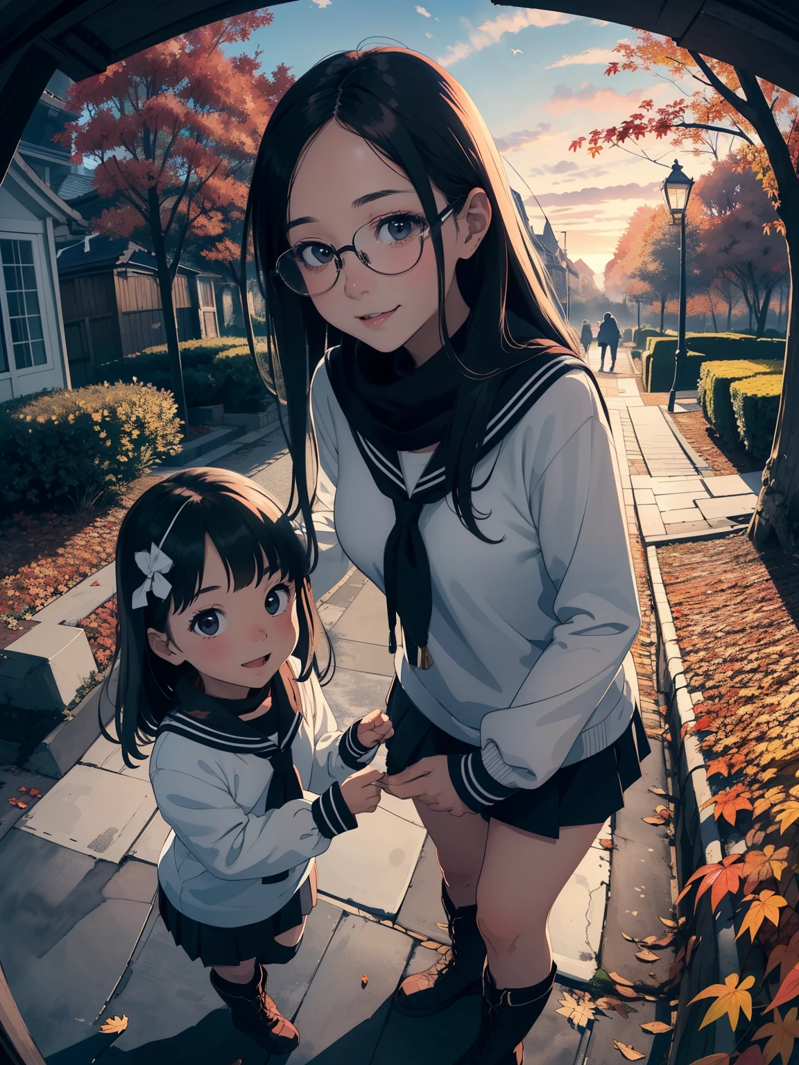  Masterpiece ，  best quality， High image quality，(  super flat  ,  flat shading  )，Glasses，  beautiful black hair ，  fisheye lens， beautiful petite trained young mother and her very cute little training daughter:1.25，  warm scarf， long-sleeved sailor suit that will pinch your nipples， long hair，  boots, smile, smile，White Breath，fun, play，Autumn park garden， fall leaves for vaginal discharge，，Autumn sky，At dusk，Beautiful sunset，Wide angle，  bright color ，watercolor,  Ghibli style ，Strong winds，  girl&#39;Lure，