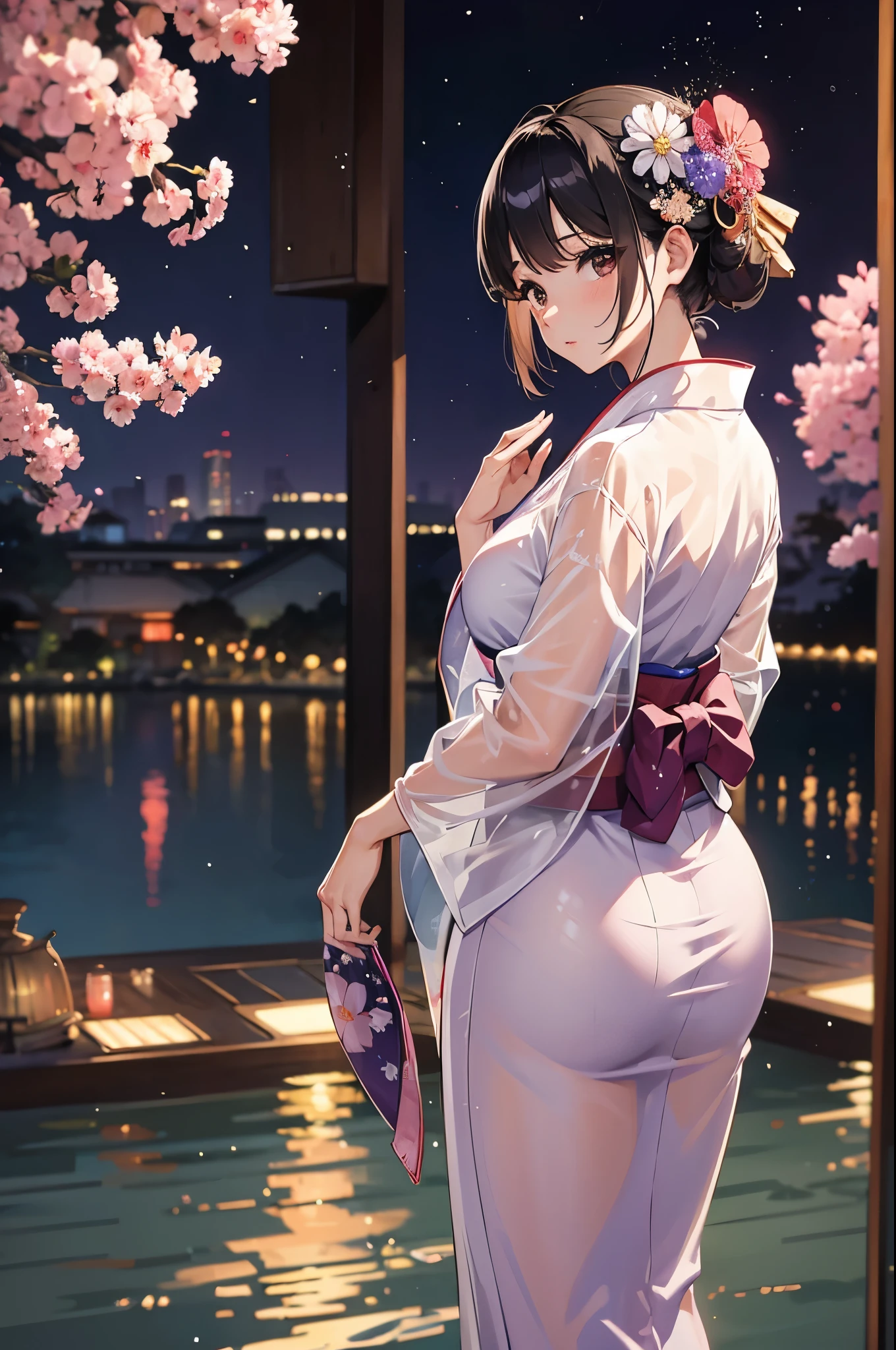 score_9,score_8_up,score_7_up,masterpiece,best quality, source anime, realistic, super detailed, extreme detailed, rating_safe,
1girl, walking, from behind, looking back viewer,
BREAK girl, 22yo, short hair, bob cut, (blunt bangs), black hair, (tareme, detailed cute brown eyes), curled eyelashes, (large breasts:0.9),
shiny hair, beautiful detailed eyes, beautiful face,
yukata, (see through:1.1),
blush, light smile,
outdoors, summer night, Japanese country town, summer festival, Festival stalls lined up along the street, paper lantern, Fantastic lighting