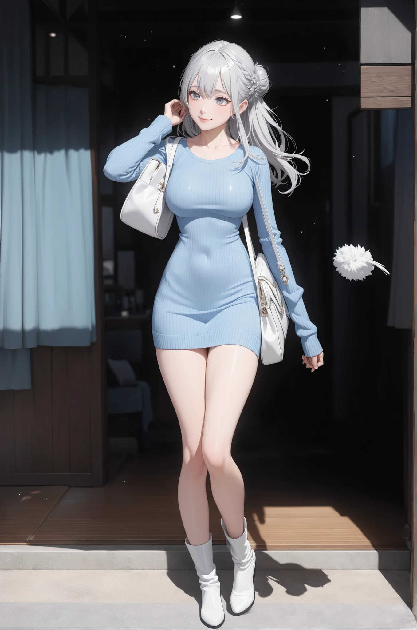 1 Japanese beautiful girl with silvery white hair in an intricate asymmetrical updo. The back of her hair is bunched high and short with the ends fanning out. The left side of her hair frames her face with long, loose strands, while the right side of her hair is loosely swept back over her ears and bunched together with the back hair, creating a slightly unbalanced but elegant look. A high, luxurious hair accessory on top adds a unique and fashionable touch to the hairstyle. Her hair catches the light and gives off a shiny, metallic shine, matte pink lips, BREAK (glossy silver eyes:1.5), (beautiful eyes, twinkle eyes, large eyes), (slender body, large breasts), cute face, beautiful face, pretty face, beautiful, good anatomy, long eyelashes, expressive eyes, Perfect Hands, embarrassed, BREAK 1girl, (wearing blue knit one piece, white leather long boots, holding white fluffy white handbag on her right hand), smile, close eyes, happy, walking, BREAK 1girl, morning, daylight, sunshine, BREAK Sketch, UHD, retina, masterpiece, high details, high quality, super detail, best quality, highres, 4K, 8k, cute, beautiful, full body detailed, 32K, high details, perfect lighting, perfect anatomy, sharp outline, high definition, extreme illustration, ambient lights, soft light,