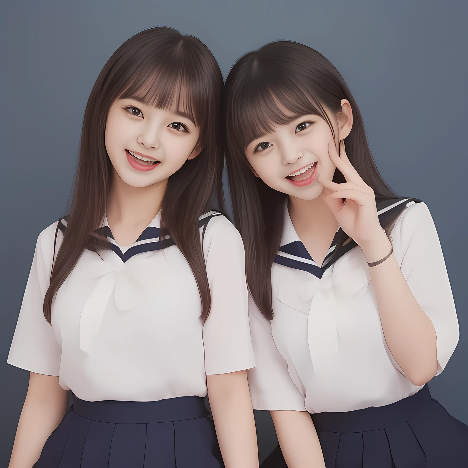 (Highest quality, masterpiece:1.2), Highest quality, High resolution, 1080P, 8k, (Two yo Japanese beautiful girl idols are seated and give strong subliminal sexual invitation and temptation, undressing navy uniform, cute skirt with beautiful knees, looking at the viewer, can't stop showing cute smile open mouth because of feeling the viewer too ridiculous, very white-white face, very proud of her long straight black hair, using face-whitening cosmetics, 14irl's eyes, opened laughing giggling most open mouth, too expensive navy sailor-styled school uniform, well-straitened super-long well-trimmed long hair, evenly neatly trimmed girly cute bangs: 1.5), (Laughing blushed cheeks with dimples), (Well-balanced, impressive, very intelligent, double-eyelids, black shining large eyes of 14yo yng idol with detailed: 1.5), ((Beautiful well-figured glossy opened laughing lips: 1.2)), (mature breast), (The viewer can't stop madly kissing them because of her beauty and subliminal strong invitation), (Very beautiful, super-glossy, cute neat black amazingly long hair, straight well-done long hair-style: 1.3), (plain blue background: 1.6), (((Completely balanced beautiful big cool eyes, looking coldly at me!: 1.3))), (eyes, face and hair are especially beautifully detailed and beautifully drawn: 1.5), (The soft white light clearly shows her face extremely white: 1.2), (the viewer become crazy and can't stop bursting and running every liquid to 美少女: 1.7), (School uniform, too-cute slender 14yo sup-long-hair Japanese 美少女 idol twins are laughing at me and covering viewer, super-widely open laughing mouth, everything is girly, neat and too beautiful: 1.6), (Super long hair super-beautiful 美少女 13yo super-cute-face navy-sailor-suit school-uniform pretty slender young idol of 美少女 photo magazine in 1990: 2.0), (Inevitable subliminal invitation and temptation to the eternal deep deep unreal pleasure of girl's voice of laughter and ridicule: 2.0)