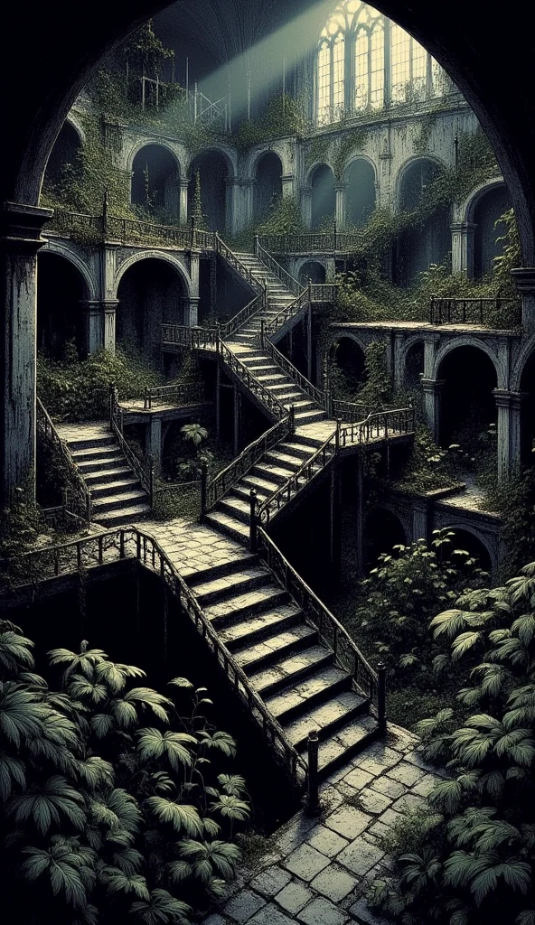 indoor mc escher stairs labyrinth. a lot of stairs are built in an impossible manner. the environment is dark with little light. it is an old ruins buried underground, with plants start to envelop the architecture. top down perspective view, seeing a wide angle of the location. 