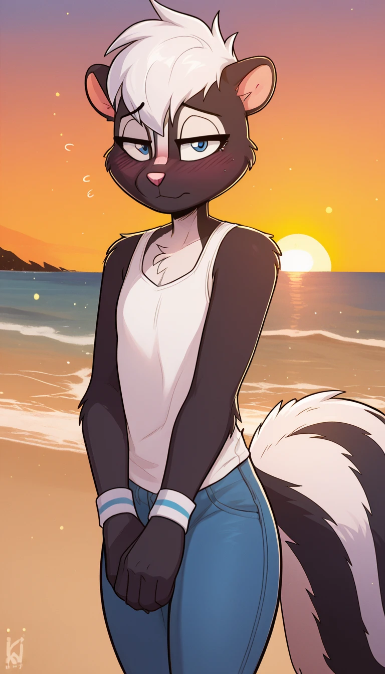 masterpiece, best quality, nervous expression, male, anthro, furry, black fur, fluffy fur, French skunk boy, furry, skunk ears, animal nose, cute eyes, blue eyes, skunk tail, white hair, short hair, (white hair), solo, (beach), sunset, detailed, white tank top, blue jeans, shy, head tilt, adult (19 years), flat chest, thick thighs, white wristband, half-closed eyes, blush, looking at the viewer, standing, (kilinah), light particles, score_9, score_8_up, score_7_up, score_6_up, score_5_up, score_4_up