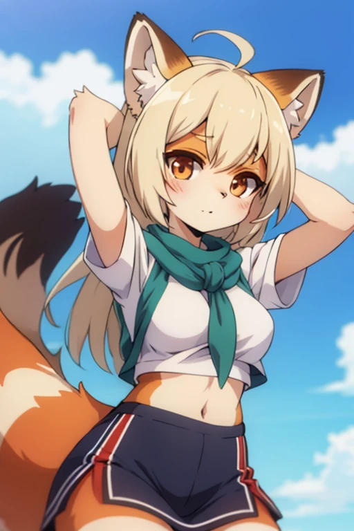 1girl, solo, looking at viewer, blush, smile, short hair, open mouth, bangs, skirt, blonde hair, hat, animal ears, hair between eyes, tail, swimsuit, yellow eyes, bikini, pleated skirt, fang, animal ear fluff, fox ears, fox tail, black bikini, red skirt, fox girl, skin fang, straw hat, ears through headwear, fox shadow puppet