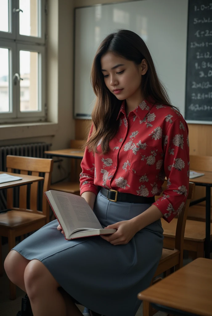  a beautiful young Indonesian woman  ((big boobs 2 .3)) sit on a chair. read a book )). ((Wearing Islamic hijab covering the neck color white )) ((shirt pocket on the left breast )). (( Indonesian high school uniform buttoned shirt red floral stripe pattern)).  Skirt up to calf color blue to ash)) (( wears black school belt )). ((feet wearing black shoes.)) socks white to calf )). ((  inside a school classroom  )). Blackboard background full of mathematical formulas .  Large and wide white board hanging on classroom wall. full body. ((look down)) Looking at the book . (( Rough colored Cctv footage . Warm light .  Low light.))