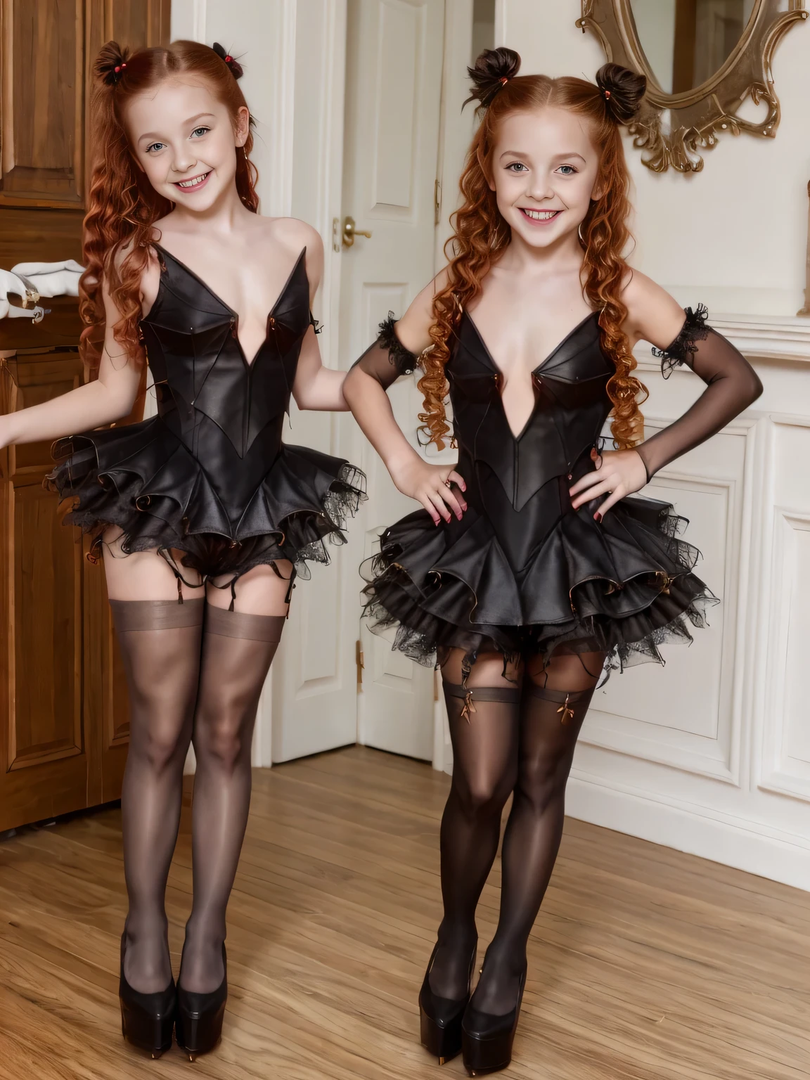 six yearold petite, nude, gothic, long curly hair, standing, red hair, pigtail, pussy, stunning, awful, attractive, smiling,make up, pantyhose, platform high heels, halloween
