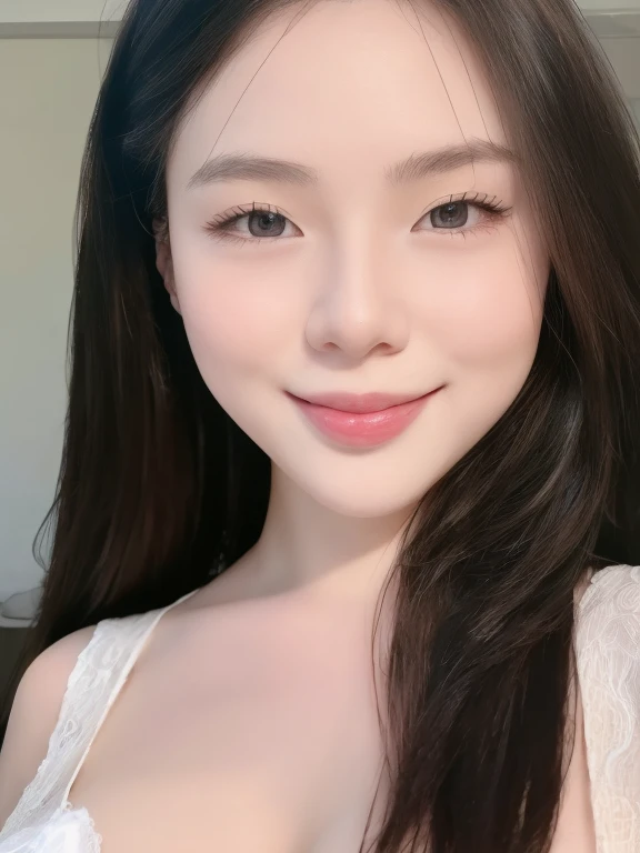 (realistic、masterpiece、Best Quality、8K、highres、high resolution:1.3)、1 girl、 Gigantic breasts, closed mouth smile,voluptuous body,huge cleavage, white bikini、pale white skin、looking at viewers、super fine face and eyes、long hair、indoor、 upper body、white background,