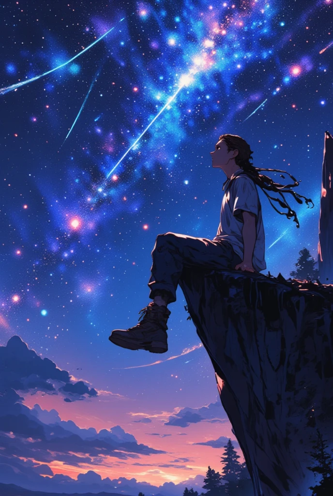  1 The guy in the shirt Lightweight sports pants Perfect facial features, boots, long hair is very braided , stars, (Night))), many stars, bright colors, ((rich colors )),  Color Palette, ((meteor shower)),  sits on a cliff , dangling legs,  Perfect Anatomy ,  Looks at the stars , CG обработка, masterpiece, ((wallpaper)),  Complex details , (( best size )), 8 k,