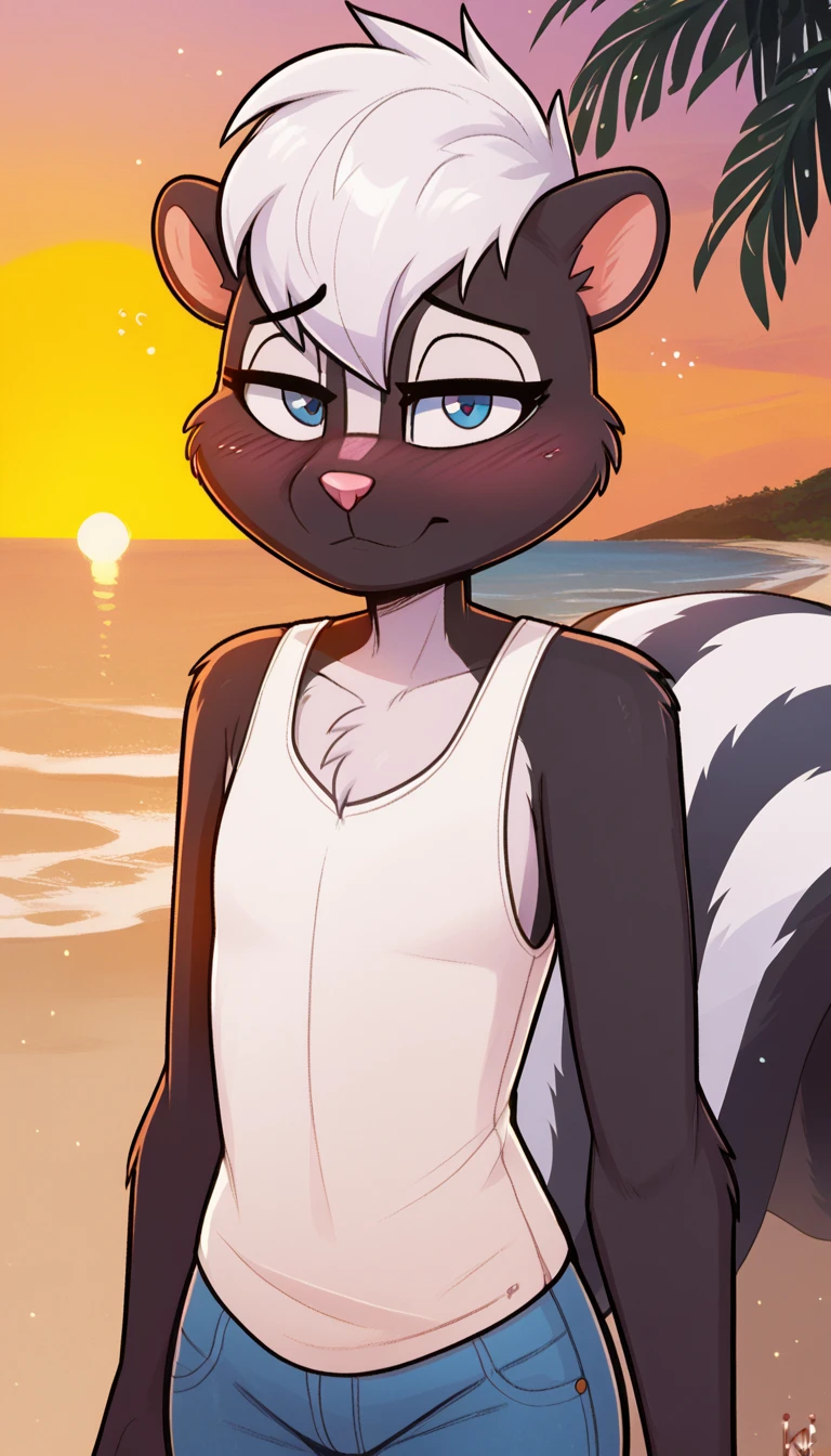 masterpiece, best quality, nervous expression, male, anthro, furry, black fur, fluffy fur, French skunk boy, furry, skunk ears, animal nose, cute eyes, blue eyes, skunk tail, white hair, short hair, (white hair), solo, (beach), sunset, detailed, white tank top, blue jeans, shy, head tilt, adult (19 years), flat chest, thick thighs, half-closed eyes, blush, looking at the viewer, standing, (kilinah), light particles, score_9, score_8_up, score_7_up, score_6_up, score_5_up, score_4_up