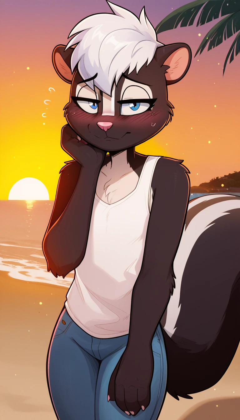 masterpiece, best quality, nervous expression, male, anthro, furry, black fur, fluffy fur, French skunk boy, furry, skunk ears, animal nose, cute eyes, blue eyes, skunk tail, white hair, short hair, (white hair), solo, (beach), sunset, detailed, white tank top, blue jeans, shy, head tilt, adult (19 years), flat chest, thick thighs, half-closed eyes, blush, looking at the viewer, standing, (kilinah), light particles, score_9, score_8_up, score_7_up, score_6_up, score_5_up, score_4_up