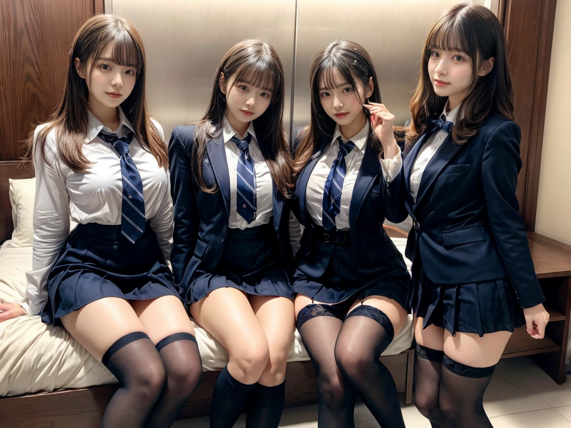 (8K, Raw photography, top-quality, masterpiece:1.2), master piece, best quality, illustration, Super detailed, fine details, High resolution, 8K,wall paper, perfect dynamic composition,(Details High quality, realistic depiction of eyes:1.3), ((2 girls, 2 schoolgirls)), The background is a luxury hotel room、High school girl uniform、blazer 、Super Short Check Uniform Skirt、Navy blue high socks、garterbelts、Colossal tits、Disturbed uniform, Play with each other,Touching each other's bodies,Touching the body of the girl next door, short bob hair, black hair color, huge breasts, Big Natural Color Lip, bold sexy pose, (perfect body shape), crying a little、cold gaze, Beautiful makeup,glitter makeup,Cutest 18 years old, beautiful legs, hposing Gravure Idol, Voluptuous thighs