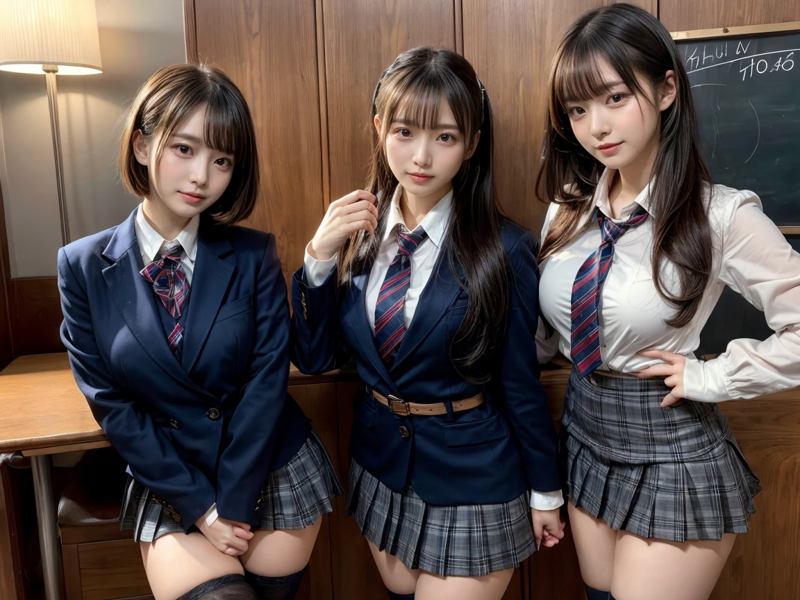 muster piece, best quality, illustration, Super detailed, fine details, High resolution, 8K,wall paper, perfect dynamic composition,(Details High quality, realistic depiction of eyes:1.3), ((2 girls, 2 schoolgirls)), The background is a luxury hotel room、High school girl uniform、blazer 、Super Short Check Uniform Skirt、Navy blue high socks、garterbelts、Colossal tits、Disturbed uniform, Play with each other,Touching each other's bodies,Touching the body of the girl next door, short bob hair, black hair color, huge breasts, Big Natural Color Lip, bold sexy pose, (perfect body shape), crying a little、cold gaze, Harajuku style、Beautiful makeup,glitter makeup,Cutest 18 years old, beautiful legs, hposing Gravure Idol, Voluptuous thighs