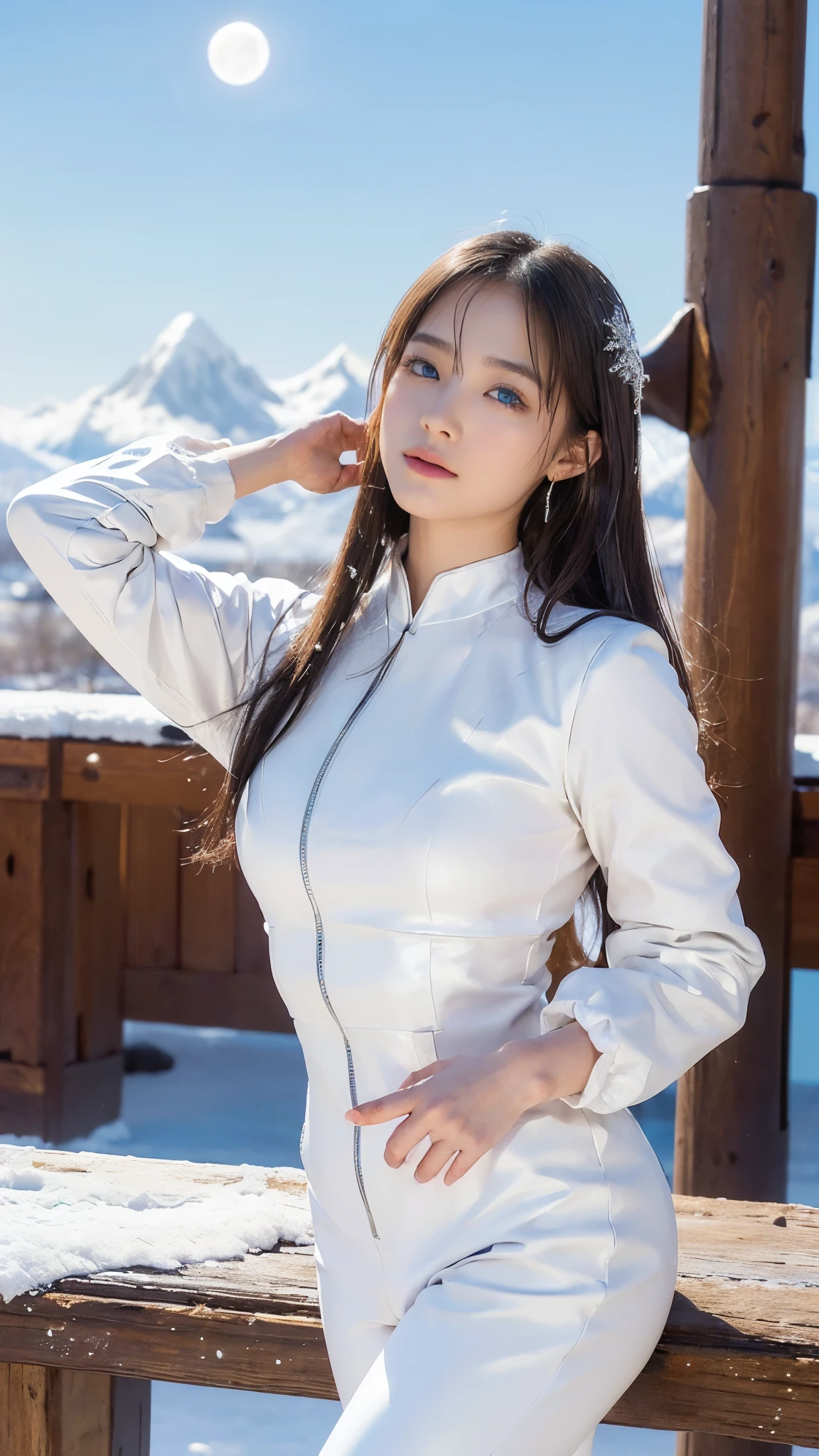 Araffe asian woman in white dress posing on a wooden bench - SeaArt AI