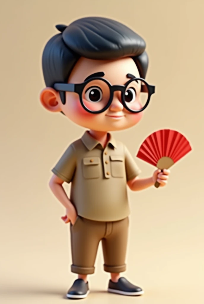 Create a cute 3D art toy cartoon character. Thai male teacher with big heads, short and small arms and short legs, wearing khaki collared shirt, khaki pants, wearing glasses, holding a red fan on his right hand, wearing glasses, low cut short hair.