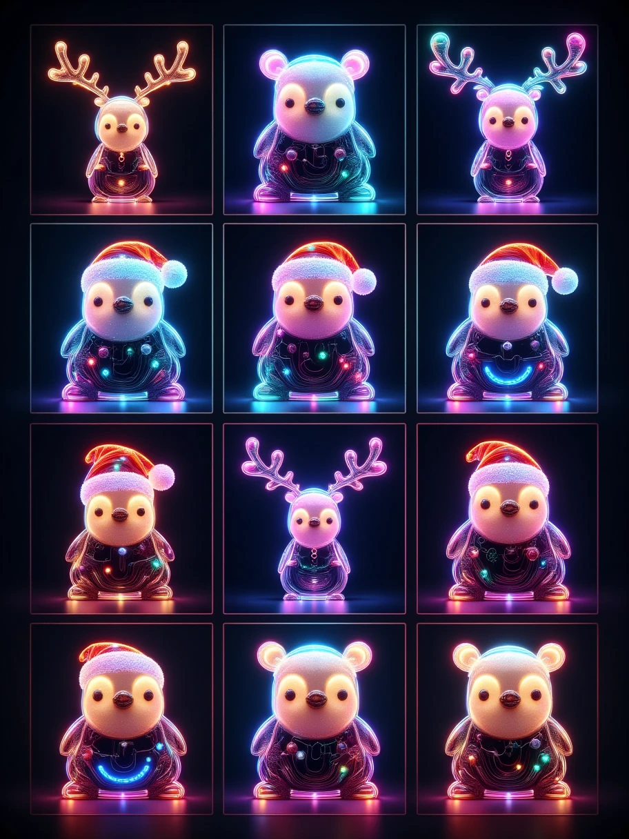 A photorealistic character sheet in a 9x9 grid layout featuring a single consistent character,  Cyberpunk style fatal girl wearing a Christmas costume ,  Each pocket shows a different aspect of her design ,  include a close-up of her eye-catching features ,  such as neon orange or purple hair and sharp eyes with festive cyber implants ,  These implants glow in the dark , Showcasing changes in her costume ,  snowflake patterns that emphasize a smooth Santa costume ,  High-tech accessories such as a magic wand with glowing runes , And avant-garde shoes with bell buckles ,  Add elements such as reindeer and snowflakes and circuits that glow on her skin,  These circuits look like Christmas symbols ,  background should be A dark futuristic cityscape on a Christmas night ,  with neon lights in the shape of a Christmas tree and snowman ,  accentuating the character's bold and mysterious personality 