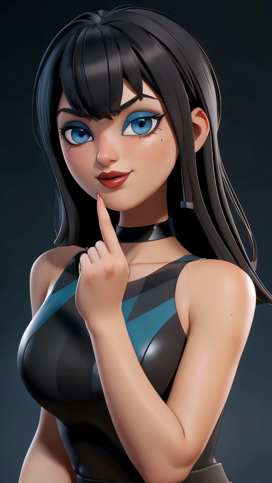 (best quality:1.4),(shiny skin), body focus, (cute face), (((best quality))), illustration, ((Beautiful Finger)), , Beautiful body, Beautiful character design, ,perfect lighting, Colorful, Bright_Front_face_Lighting, ultra high res, highres, absurdres:1.2, bokeh:1.2, lens flare, (vibrant_color:1.2), (thick thighs:1.1), THICK, Black hair with bangs, pale skin, large round blue eyes, black eyeliner, black lipstick, neutral expression, brown sleeveless dress