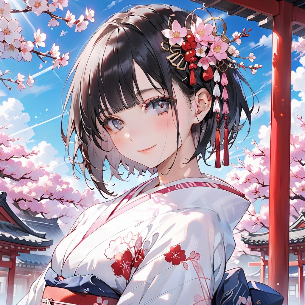 anime、One high school girl、Black Eye、happy smile、blush、 black hair、( short hair )、(Small breasts),(white thigh high:1.2)、beautiful thighs,white flower pattern、stand、Japanese-style room、cherry blossoms、blue sky、( perfect anatomy ),( best quality), ( Ultra Hi-Res), ( high definition ), (超 high definition ), ( Highly Detailed CG), (32K), (masterpiece),close_up face,pale colour