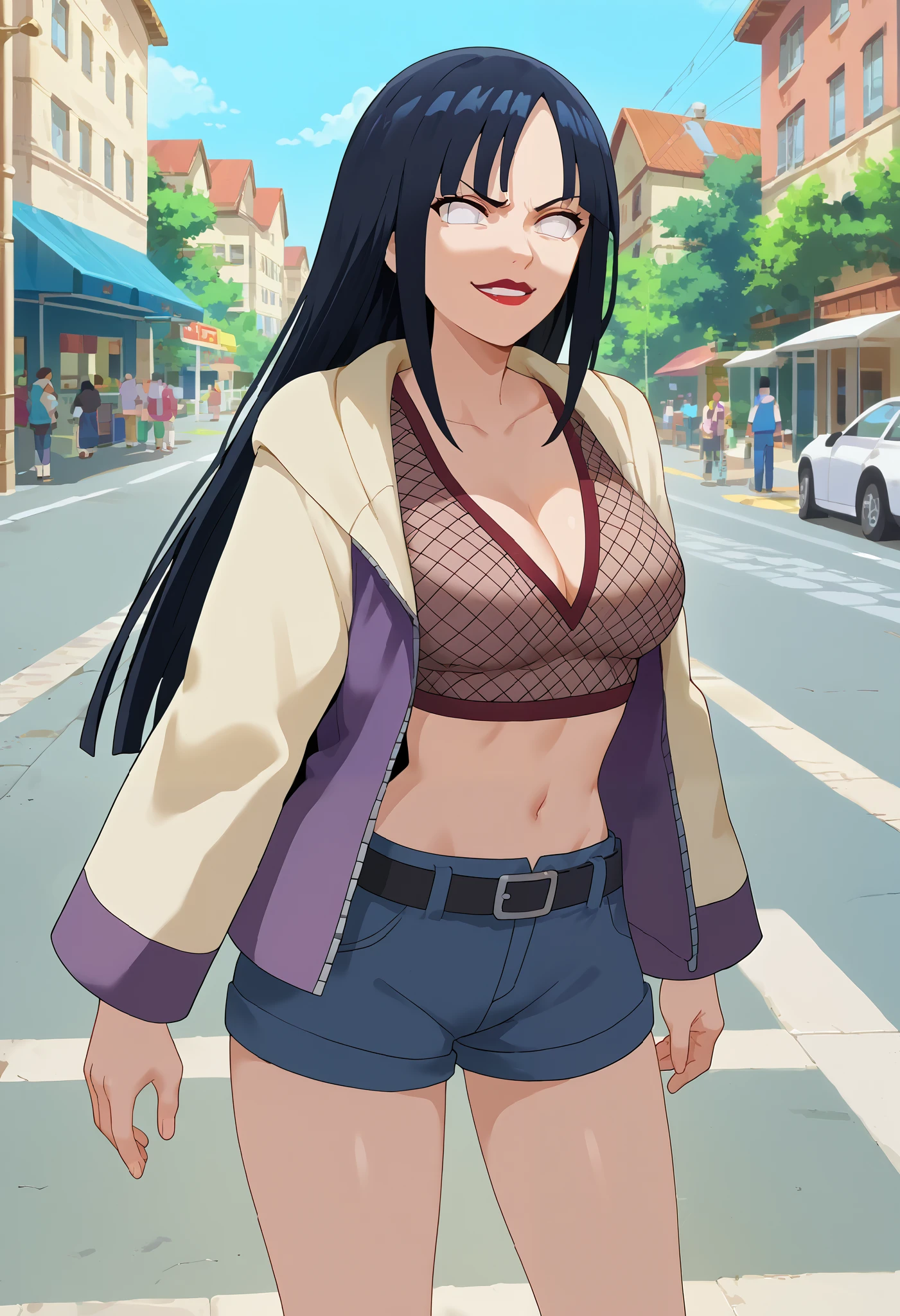 score_9, score_7_up, score_6_up, score_5_up, score_4_up, masterpiece, best quality, very aesthetic, absurd, source_anime, anime screenshot, break, 1 girl, alone, , long hair, black hair, parted bangs, white eyes, no pacimails, red lips, (breasts), short torso, cleavage, black top, fishnet shirt, jacket, belt, short shorts, wide hips, break smug, smiling, standing, legs apart, outdoors, street, blue sky,