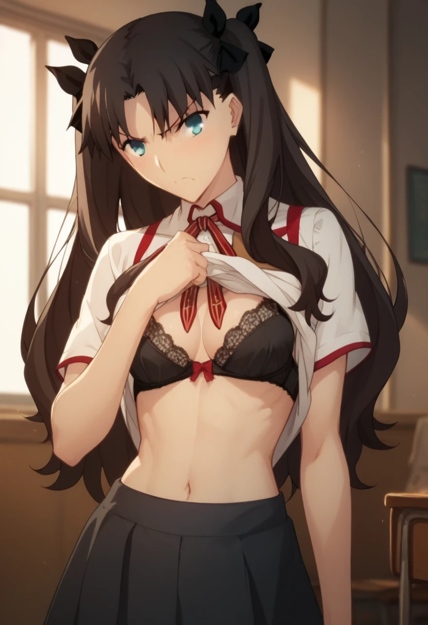 masterpiece、top-quality、hight resolution、Very detailed、Detailed background、detailed skin textures、After-school classroom、Sunset reflection、Two beautiful girls、small tits、discreet breasts、Embarrassing、red blush、Staring at each other、Arms crossed、a miniskirt、A slender、being thin、Smirking expression、student clothes、lilie、homoerotic、Small buttocks、Constriction